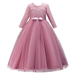 IMEKIS Mädchen Festlich Kleid Elegant Prinzessin Partykleid Langarm Blumespitze Tüll Abendkleid Brautjungfer Hochzeitskleid Geburtstag Cocktailkleid Festzug Lang Ballkleid Dunkel Rosa 4-5 Jahre von IMEKIS