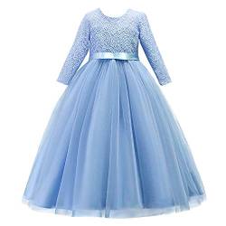 IMEKIS Mädchen Festlich Kleid Elegant Prinzessin Partykleid Langarm Blumespitze Tüll Abendkleid Brautjungfer Hochzeitskleid Geburtstag Cocktailkleid Festzug Lang Ballkleid Himmelblau 4-5 Jahre von IMEKIS