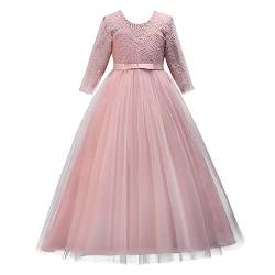 IMEKIS Mädchen Festlich Kleid Elegant Prinzessin Partykleid Langarm Blumespitze Tüll Abendkleid Brautjungfer Hochzeitskleid Geburtstag Cocktailkleid Festzug Lang Ballkleid Rosa 9-10 Jahre von IMEKIS