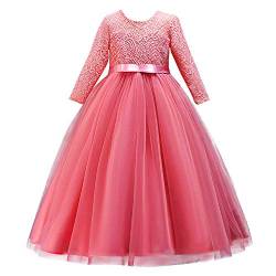 IMEKIS Mädchen Festlich Kleid Elegant Prinzessin Partykleid Langarm Blumespitze Tüll Abendkleid Brautjungfer Hochzeitskleid Geburtstag Cocktailkleid Festzug Lang Ballkleid Wassermelonenrot 7-8 Jahre von IMEKIS