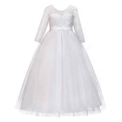 IMEKIS Mädchen Festlich Kleid Elegant Prinzessin Partykleid Langarm Blumespitze Tüll Abendkleid Brautjungfer Hochzeitskleid Geburtstag Cocktailkleid Festzug Lang Ballkleid Weiß 11-12 Jahre von IMEKIS