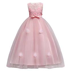 IMEKIS Mädchen Prinzessin Kleid Blume Brautjungfer Hochzeitskleid Ärmellose Stickerei Partykleid Tüll Spitze Ballkleid Geburtstag Festzug Abendkleid Festlich Cocktail Lange Maxikleid Rosa 12-13 Jahre von IMEKIS