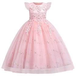 IMEKIS Mädchen Prinzessin Kleid Blumen Applikationen Hochzeits Festkleid A-Linie Pailletten Festlich Tüll Tutu Geburtstag Festzug Lang Abschlussball Ballkleid Rosa 7-8 Jahre von IMEKIS