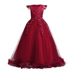 IMEKIS Mädchen Prinzessin Kleid Blumenspitze Brautjungfernkleid Festlich Partykleid Geburtstag Abendkleid Festzug Lang Maxikleid Ärmellos Tüll Tutu Abschlussball Ballkleid Weinrot 8-9 Jahre von IMEKIS