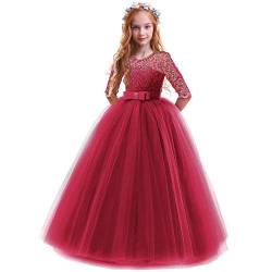 IMEKIS Mädchen Prinzessin Kleid Elegant Blumen Spitze Partykleid Brautjungfer Hochzeitskleid Geburtstag Tüll Maxikleid Festlich Kommunion Abendkleid Cocktailkleid Festzug Ballkleid Burgund 7-8 Jahre von IMEKIS