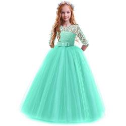 IMEKIS Mädchen Prinzessin Kleid Elegant Blumen Spitze Partykleid Brautjungfer Hochzeitskleid Geburtstag Tüll Maxikleid Festlich Kommunion Abendkleid Cocktailkleid Festzug Ballkleid Grün 7-8 Jahre von IMEKIS