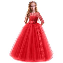 IMEKIS Mädchen Prinzessin Kleid Elegant Blumen Spitze Partykleid Brautjungfer Hochzeitskleid Geburtstag Tüll Maxikleid Festlich Kommunion Abendkleid Cocktailkleid Festzug Ballkleid Rot 5-6 Jahre von IMEKIS