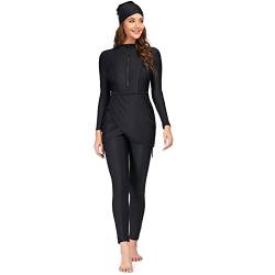 IMEKIS Muslimische Bademode für Damen Islamischer Arabischer Burkini Badeanzug Langarm Reißverschluss Schwimmoberteil mit Hose Hijab 3tlg Bescheidener Schwimmkostüm Schwarz L von IMEKIS