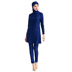 IMEKIS Muslimische Bademode für Frauen 3tlg Islamischer Arabischer Burkini Kopftuch Bescheidener Badeanzug Langarm Blumen Schwimmoberteil mit Hose Hijab Ganzkörper Schwimmanzug Dunkelblau M von IMEKIS