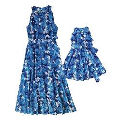 IMEKIS Mutter und Tochter Passendes Kleid Frauen Mädchen Boho Strandkleid Ärmellos Blumendruck Sommerkleid Familie Passendes Outfit Eltern Kind Freizeitkleid Dunkelblau L von IMEKIS