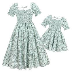 IMEKIS Mutter und Tochter Passendes Kleid Frauen Mädchen Boho Strandkleid Ärmellos Blumendruck Sommerkleid Familie Passendes Outfit Eltern Kind Freizeitkleid Hellgrün S von IMEKIS