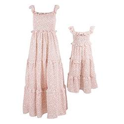 IMEKIS Mutter und Tochter Passendes Kleid Frauen Mädchen Off Shoulder Blumendruck Sommerkleid Familie Passendes Outfit Eltern Kind Lässig Langes Kleid Rosa 2 Jahre von IMEKIS