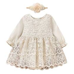 IMEKIS Neugeborenes Baby Mädchen Spitze Strampler Kleid Prinzessin Geburtstag Fotoshooting Outfit Langarm Bodysuit Rüschen Tutu Kleid mit Blume Stirnband Hochzeit Taufkleid Aprikose 1 6-12 Monate von IMEKIS