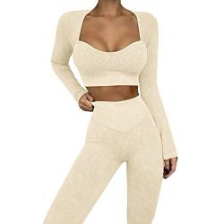 IMEKIS Trainings Outfit f?r Damen 2-teilig Sportbekleidung Gym Set Sport Crop Top mit Hoher Taille Laufshorts Leggings Nahtlos Gerippt Trainingsanzug Yoga Sportanzug Activewear Beige 1 M von IMEKIS