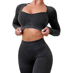 IMEKIS Trainings Outfit f?r Damen 2-teilig Sportbekleidung Gym Set Sport Crop Top mit Hoher Taille Laufshorts Leggings Nahtlos Gerippt Trainingsanzug Yoga Sportanzug Activewear Schwarz 1 L von IMEKIS