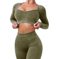 IMEKIS Trainings Outfit für Damen 2-teilig Sportbekleidung Gym Set Sport Crop Top mit Hoher Taille Laufshorts Leggings Nahtlos Gerippt Trainingsanzug Yoga Sportanzug Activewear Armeegrün 1 M von IMEKIS