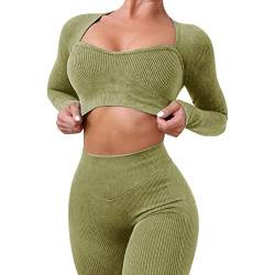 IMEKIS Trainings Outfit für Damen 2-teilig Sportbekleidung Gym Set Sport Crop Top mit Hoher Taille Laufshorts Leggings Nahtlos Gerippt Trainingsanzug Yoga Sportanzug Activewear Gras-Grün 1 M von IMEKIS