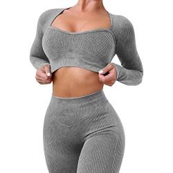 IMEKIS Trainings Outfit für Damen 2-teilig Sportbekleidung Gym Set Sport Crop Top mit Hoher Taille Laufshorts Leggings Nahtlos Gerippt Trainingsanzug Yoga Sportanzug Activewear Grau 1 M von IMEKIS