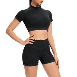 IMEKIS Trainings Outfit für Damen 2-teilig Sportbekleidung Gym Set Sport Crop Top mit Hoher Taille Laufshorts Leggings Nahtlos Gerippt Trainingsanzug Yoga Sportanzug Activewear Schwarz L von IMEKIS