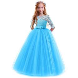 Mädchen Prinzessin Kleid Elegant Blumen Spitze Partykleid Brautjungfer Hochzeitskleid Geburtstag Tüll Maxikleid Festlich Kommunion Abendkleid Cocktailkleid Festzug Ballkleid Dunkelblau 11-12 Jahre von IMEKIS