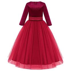 Mädchen Weihnachtskleid Kinder Blume Festlich Kleid 3/4 Ärmel A Linie Samt Winter Partykleid Prinzessin Geburtstag Hochzeit Festzug Tüllkleid Bowknot Maxi Long Ballkleid Weinrot 5-6 Jahre von IMEKIS