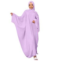 Muslimisches Kleid für Frauen Hijab Abaya Fledermausärmel Islamisches Maxi Gebetskleid Einfarbig Lose Jilbab in Übergröße Naher Osten Dubai Türkei Arabisch Khimar Kaftans Helllila+Hijab One Size von IMEKIS