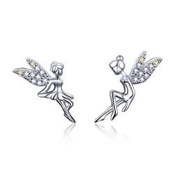 CZ Fairy Ohrstecker für Frauen Mädchen S925 Sterling Silber 18K Weißgold plattiert Asymmtric Zweifarbig Zirkonia Kristall Tinkerbell Winkelflügel Tiny Stud Hypoallergene Schmuck Geschenk für Kind von IMINI