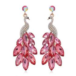 IMINI Pfauen-Ohrringe für Damen und Mädchen grüne Kristallfeder Pfau Ohrringe Kristall Boho Wasserfall Perlen Fransen Tropfen Ohrring (Rot) von IMINI