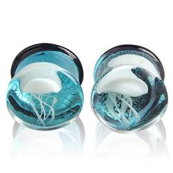 Ohrlochdehner aus Glas, Ozean, Quallen, Tunnel, Expander, einzigartige Ohrringe, doppelt, ausgestellt, Körperschmuck, blaues Meerestier, Glas, Neu von IMINI