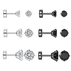 Ohrstecker, 6 Paar, 1 mm (18 g), Edelstahl, Schwarz, winzige Zirkonia, Ohrstecker für Ohrläppchen, Helix-Set, flache Schraubverschluss, für Damen und Herren, 3 mm / 4 mm / 5 mm von IMINI