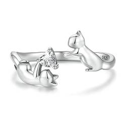 Süße Katze mit Liebe Herz Offener Statement Ring 925 Sterling Silber CZ Kristall Paare Haustier Katzen Versprechen Verlobungsringe Stapelbare Fingerband für Frauen Mädchen von IMINI