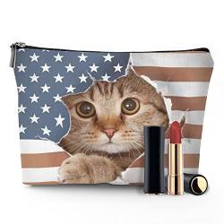 IMPCOKRU Kleine Make-up-Tasche für Frauen, wasserdichte Kulturtasche, britische Katze, die durch das Loch in Papier in USA-Flagge blickt, doppelseitiger Druck, USA-Flagge, Einheitsgröße von IMPCOKRU