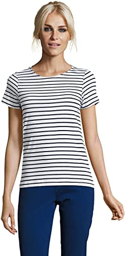 Marinier-T-Shirt für Damen/Mädchen | Marinier-T-Shirt mit kurzen Ärmeln, Marineblau und Weiß mit Streifen | T-Shirt für Damen aus 100 % Baumwolle, blau, X-Large von IMPRESSION T-SHIRT PERSONNALISE