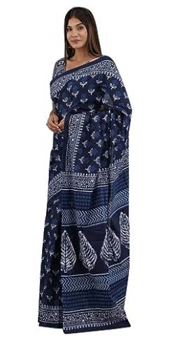 IMTRA FASHION Damen-Sari Aus 100% Reiner Baumwolle Handbedruckter Sari Mit Bluse Blau von IMTRA FASHION