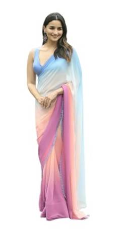 IMTRA FASHION Damen Sari Aus Mehrfarbigem Georgette Sari Mit Spitzenarbeit Und Nicht Genähter Bluse-Mehrfarbig-BOLLYWOOD PINK von IMTRA FASHION