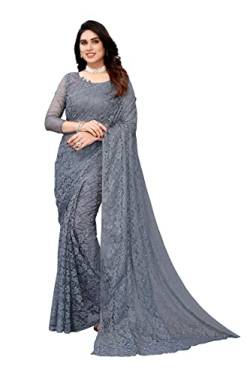 IMTRA FASHION Designer Netz Sari Für Frauen Indischer Blumen Sari Mit Bluse Grau(ABIRA GREY) von IMTRA FASHION