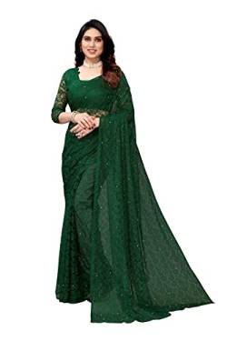 IMTRA FASHION Designer Netz Sari Für Frauen Indischer Blumen Sari Mit Bluse Grün(ABIRA GREEN), L von IMTRA FASHION