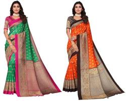 IMTRA FASHION Indische Frauen Kunst Seide Sari 2er Pack mit ungenähtem Blusenteil, Mehrfarbig 2, 42 von IMTRA FASHION