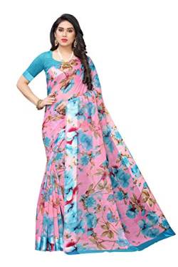 IMTRA FASHION Indischer Sari Für Damen Aus Leinen Mit Blumendruck Sari Mit Bluse Stück Rosa(SONAKSHI 12 BLUE) von IMTRA FASHION