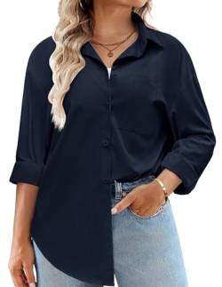 IN'VOLAND Damen-Bluse mit Knopfleiste, Übergröße, Baumwolle, lässig, lange Ärmel, lockere Passform, Kragen, Arbeitsbluse, Tops mit Tasche, Dunkelblau, 48 Plus von IN'VOLAND