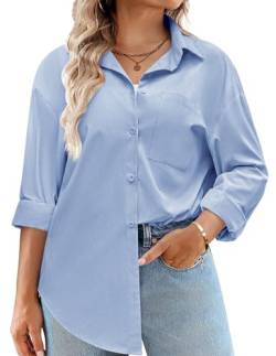 IN'VOLAND Damen-Bluse mit Knopfleiste, Übergröße, Baumwolle, lässig, lange Ärmel, lockere Passform, Kragen, Arbeitsbluse, Tops mit Tasche, Hell, blau, 48 Plus von IN'VOLAND