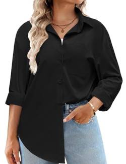 IN'VOLAND Damen-Bluse mit Knopfleiste, Übergröße, Baumwolle, lässig, lange Ärmel, lockere Passform, Kragen, Arbeitsbluse, Tops mit Tasche, Schwarz, 46 plus von IN'VOLAND