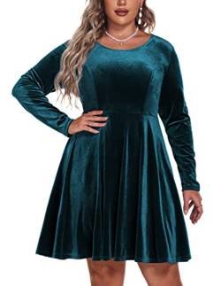 IN'VOLAND Damen Plus Size Samt Kleid A Linie Langarm Elegant Cocktail Party Midi Kleider, Blau Grün, 52 Mehr von IN'VOLAND