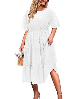 IN'VOLAND Damen Plus Size Swiss Dot Kleid Chiffon Kurzarm Hohe Taille A-Linie Rüschen Tiered Babydoll Midi Kleid, Weiss/opulenter Garten, 50 Mehr von IN'VOLAND