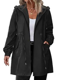 IN'VOLAND Damen Regenjacke Plus Size Lang Regenmantel Leichte Kapuze Windbreaker Wasserdichte Jacken mit Taschen, Schwarz, 56 Große Größen von IN'VOLAND