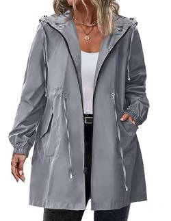 IN'VOLAND Damen Regenjacke Übergröße Lang Regenmantel Leichte Kapuze Windbreaker Wasserdichte Jacken mit Taschen, GRAU, 48 Große Größen von IN'VOLAND