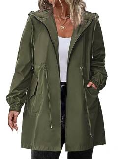 IN'VOLAND Damen Regenjacke Übergröße Lang Regenmantel Leichte Kapuze Windbreaker Wasserdichte Jacken mit Taschen, Grün (Army Green), 56 Große Größen von IN'VOLAND