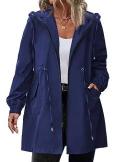 IN'VOLAND Damen Regenjacke Übergröße Langer Regenmantel Leichte Kapuze Windbreaker Wasserdichte Jacken mit Taschen, Marineblau, 48 Große Größen von IN'VOLAND