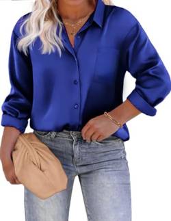 IN'VOLAND Damen Übergröße Satin Seide Knopfleiste Hemd V-Ausschnitt Langarm Casual Kragen Arbeit Bluse Tops mit Tasche, Blau, 50 Mehr von IN'VOLAND