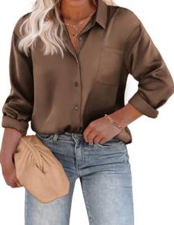 IN'VOLAND Damen Übergröße Satin Seide Knopfleiste Hemd V-Ausschnitt Langarm Casual Kragen Arbeit Bluse Tops mit Tasche, Braun, 48 Plus von IN'VOLAND